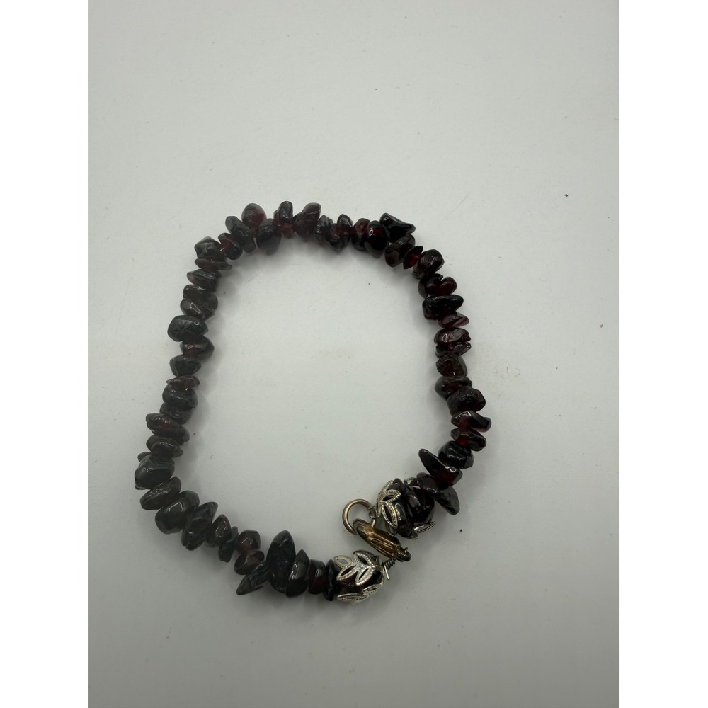 Natural Garnet Chip Bead Bracelet Burgundy Stone Filigree Caps 7.5 Inch‎ Boho